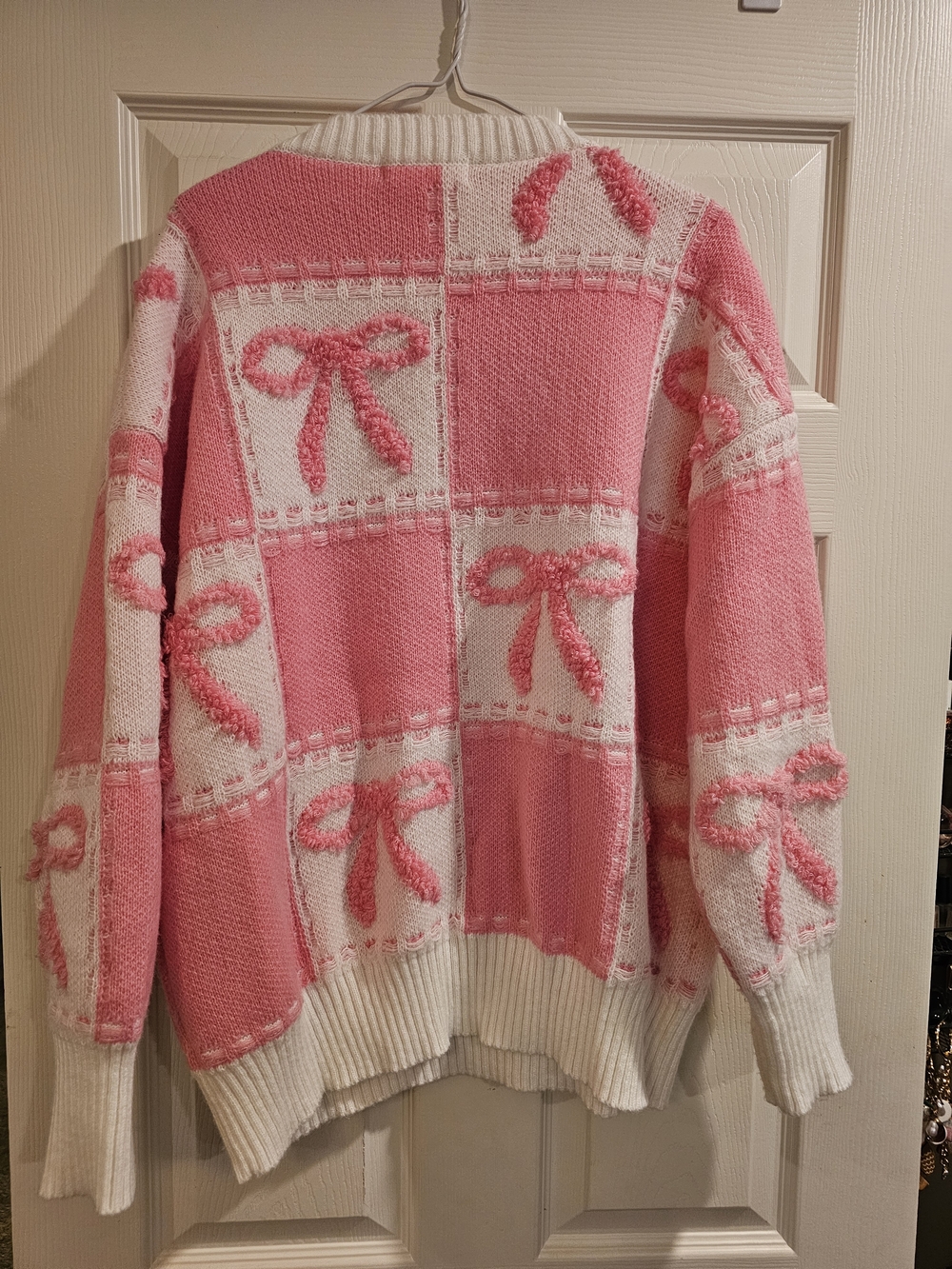 Julianas Pink & White Checker Bow Knit Crewneck Sweater - Picture 2 of 5